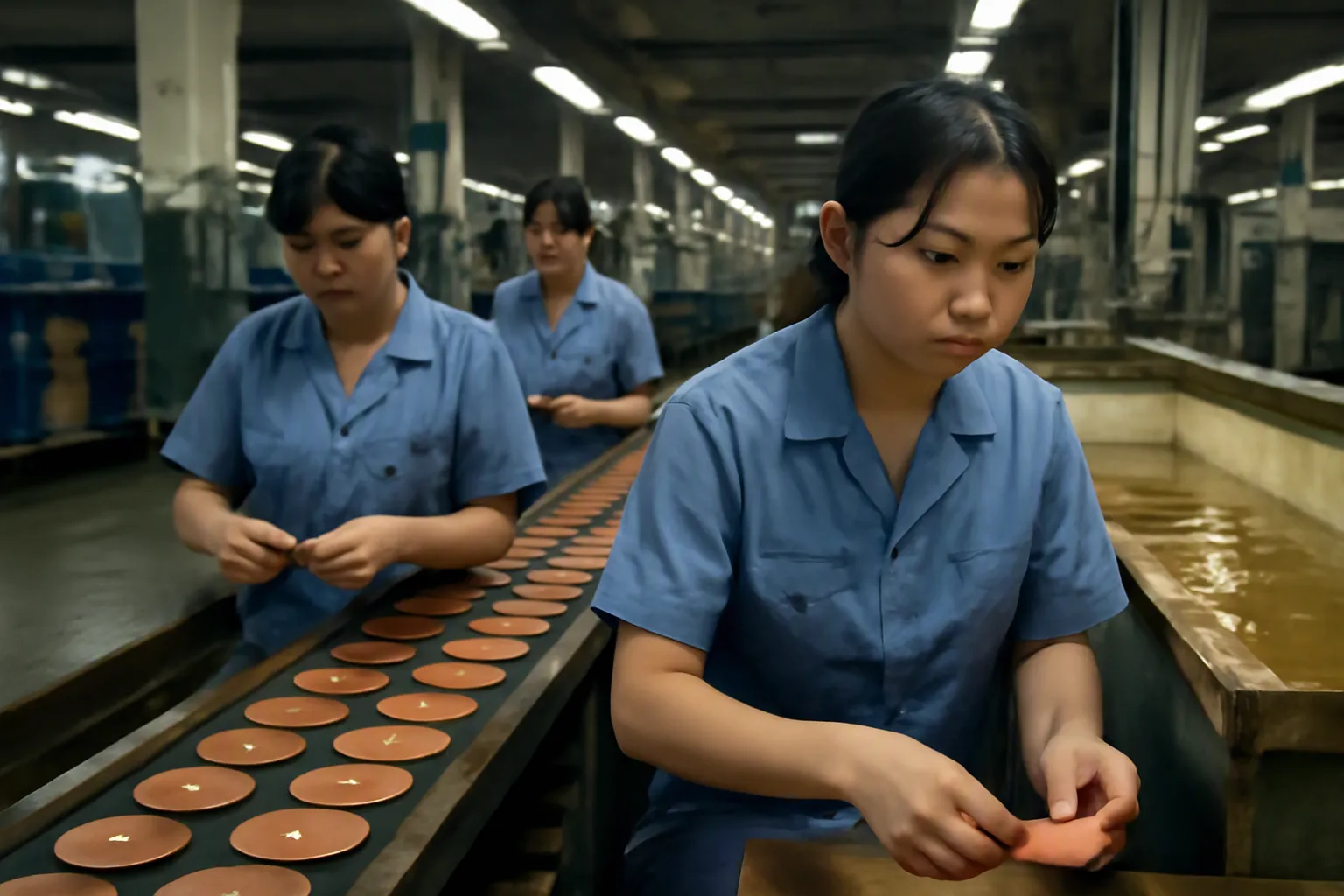 kupfer börse - Schmuckwerkstatt in China mit Galvanik-Anlage für Vergoldung, Arbeiterinnen kontrollieren Kupfer-Rohlinge an einem Förderband