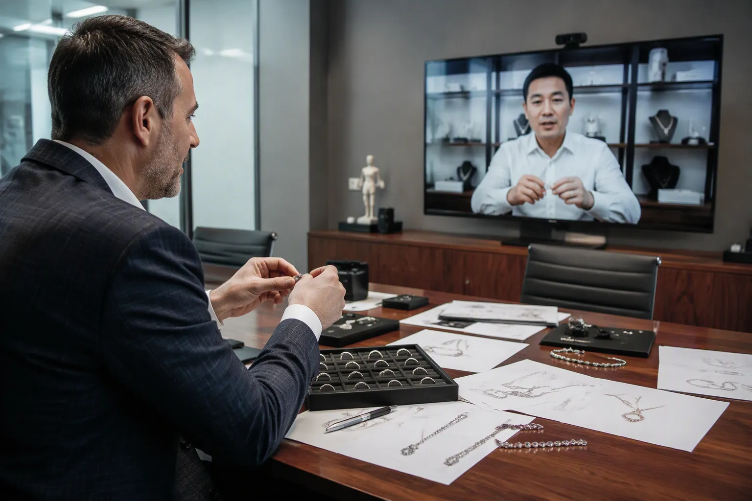 kupfer börse - B2B-Einkäufer beim Videocall mit chinesischem Schmucklieferanten, auf dem Tisch liegen Schmuckmuster und Produktspezifikations-Sheets