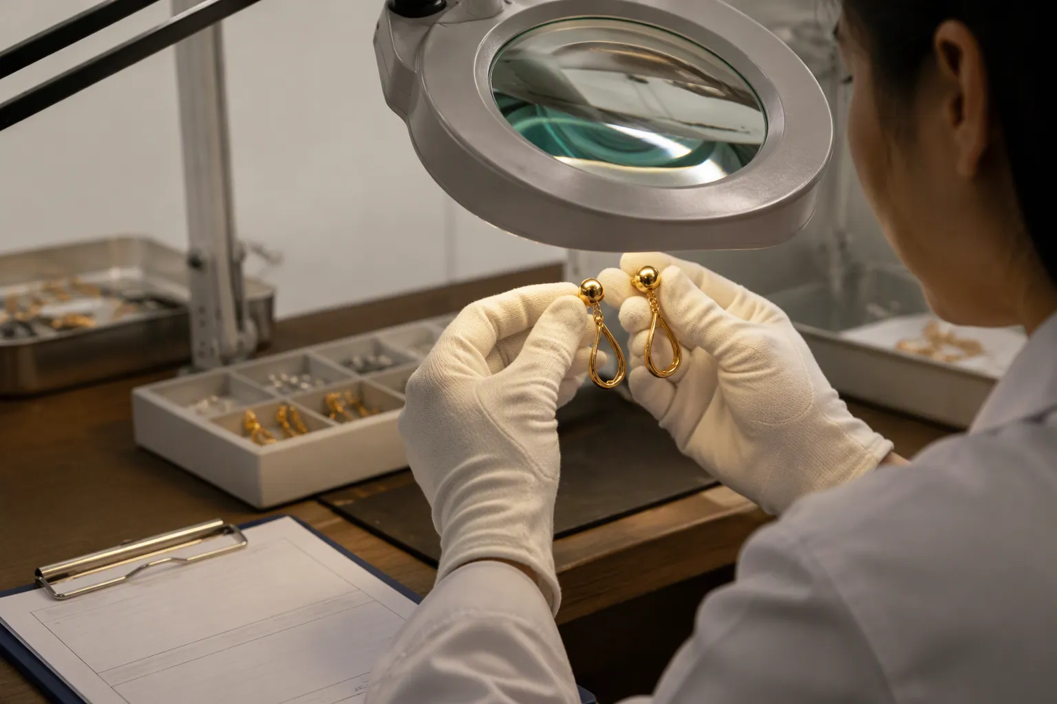 custom jewelry - Photorealistic editorial photo of a jewelry quality control station: an inspector in a workshop examining gold-plated drop earrings under a magnification lamp, with a QC checklist clipboard visible in the foreground