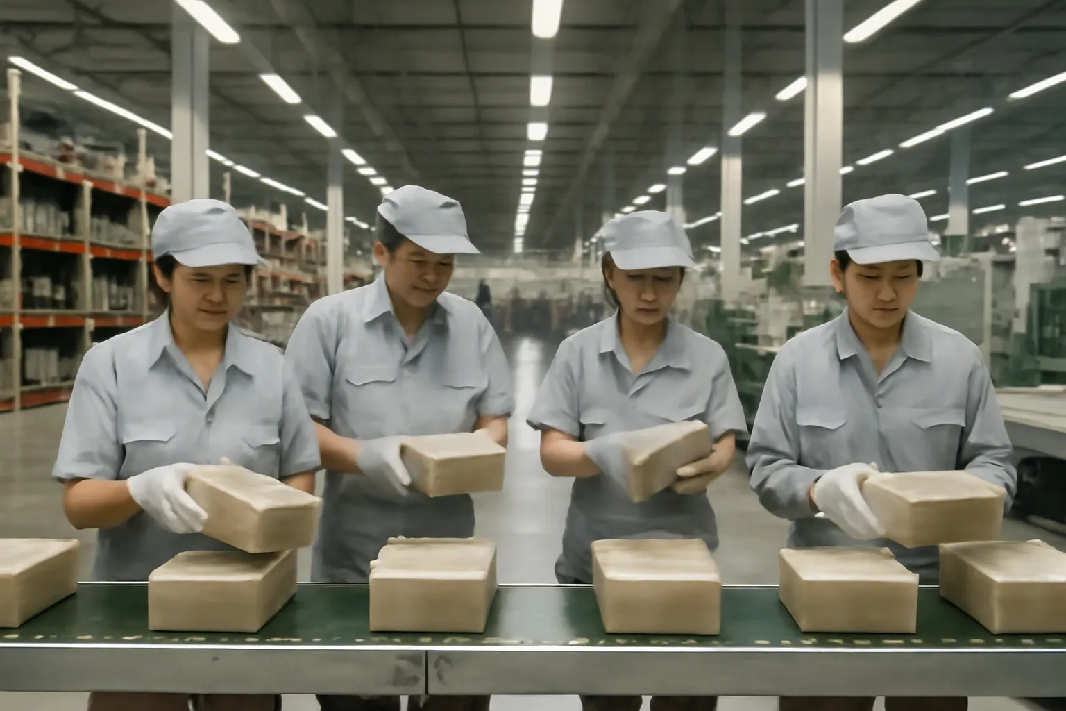 silk road china - Editorial photo of a modern Chinese export manufacturing facility with quality control staff inspecting products on an assembly line, conveying scale and organized production