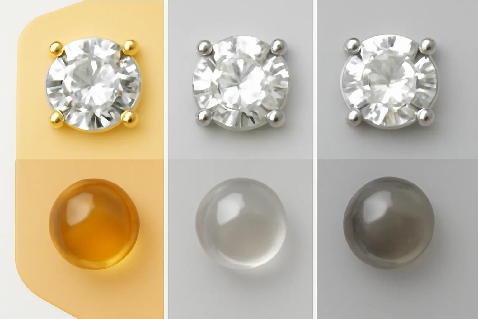 parure bijoux - Tableau comparatif annoté présentant trois types de finitions pour parures bijoux — cuivre doré, cuivre rhodié et acier inoxydable — avec des exemples agrandis de détails de surface : sertissure cristal, perle de verre, effet nacre