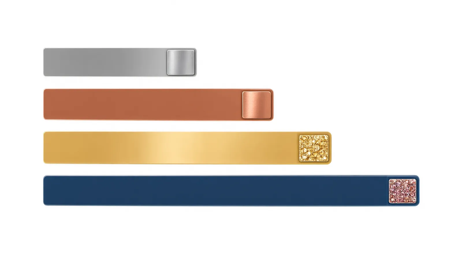 pendientes bisutería - Diagrama de barras horizontal comparando los rangos de precio por nivel (básico, medio, premium, mayorista) con iconos de materiales representativos —acero, cobre bañado, oro 18k, cobre con cristal— en el margen derecho de cada barra