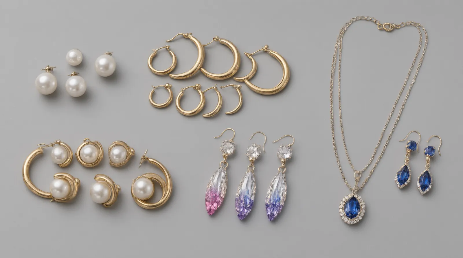 pendientes bisutería - Fotografía de estudio con conjunto de pendientes bisutería de catálogo mayorista sobre fondo neutro gris: studs de perla, aros dorados de distinto calibre, pendientes gota con cristal degradado y set collar + pendientes dos tonos, con indicación del tipo de cierre y MOQ mínimo en cada grupo