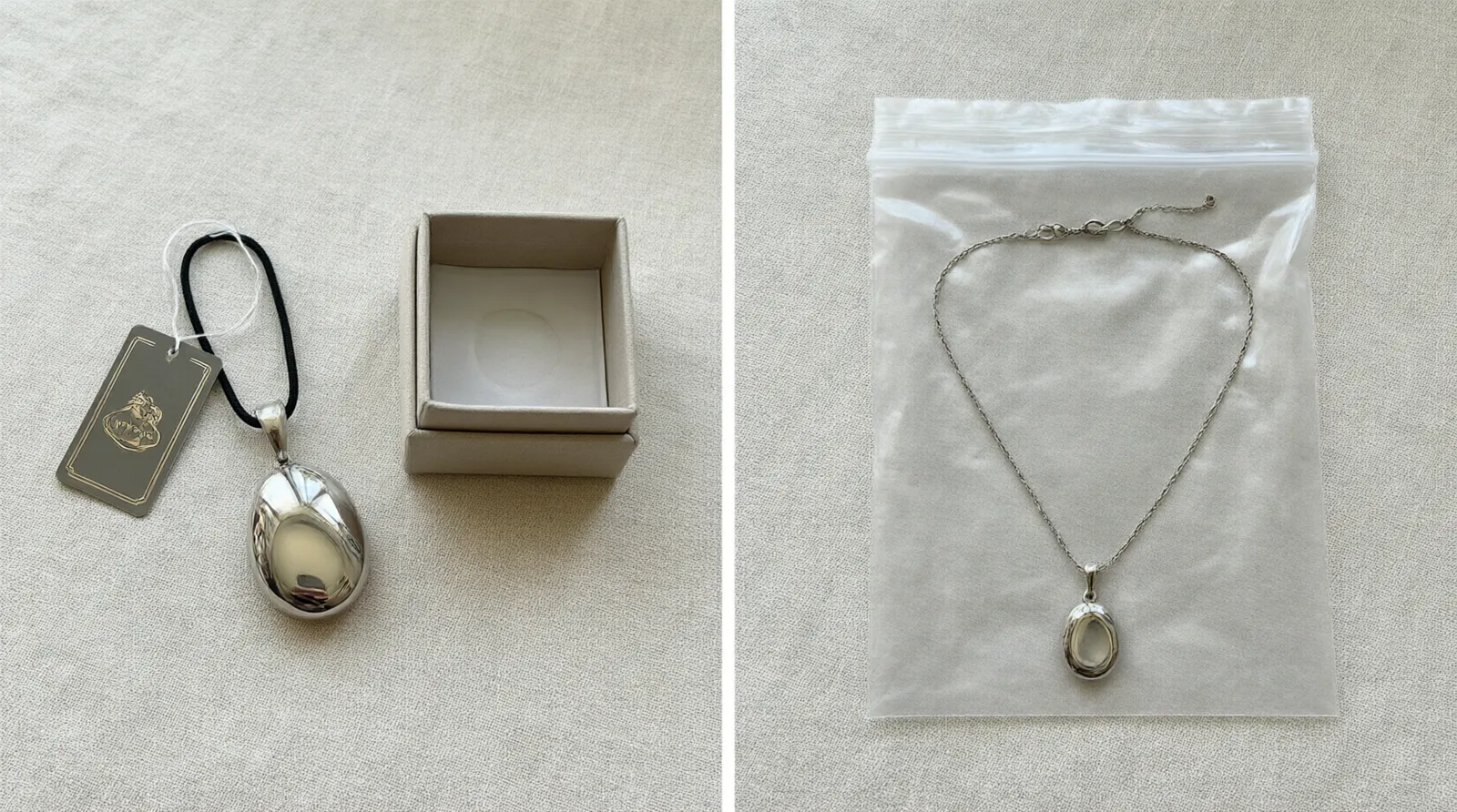 custom jewelry - Side-by-side editorial photo comparing a custom OEM jewelry sample with branded hang tags against an off-the-shelf catalog lot with standard packaging, showing the differentiation a buyer gains with custom production