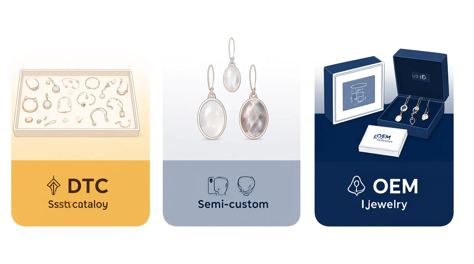 custom jewelry - Informational diagram showing a DTC jewelry brand's sourcing evolution — starting with stock catalog (12–50 pcs/style for market testing), moving to semi-custom (modified finish or packaging), and graduating to full OEM with proprietary design and branded packaging at scale