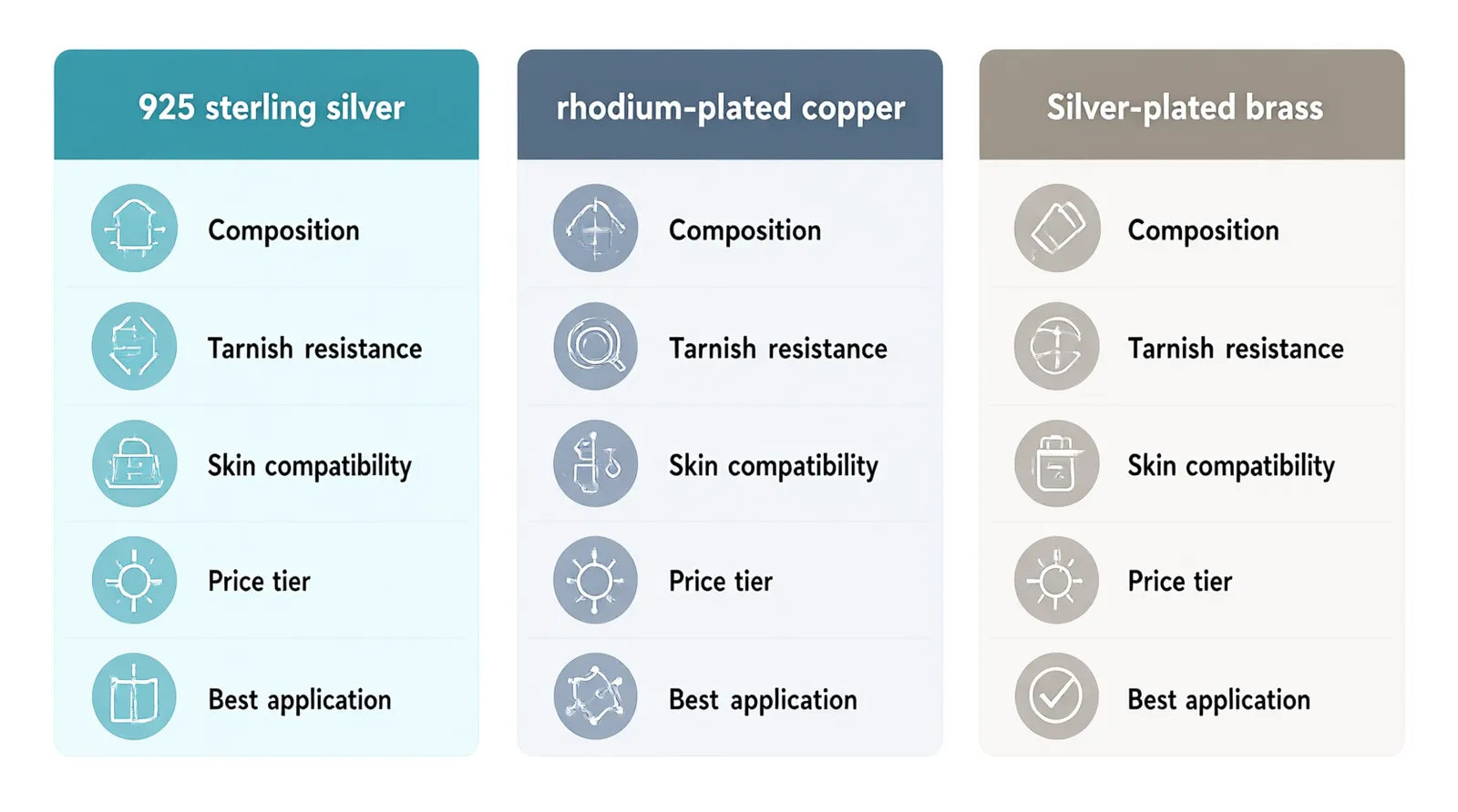 silberner schmuck - Clean flat-design comparison diagram showing three side-by-side columns for silver jewelry materials – 925 sterling silver, rhodium-plated copper, and silver-plated brass – each column listing material composition, tarnish resistance, skin compatibility, price tier, and best application, using a teal/slate/warm-gray color palette on white background, simple icon per category