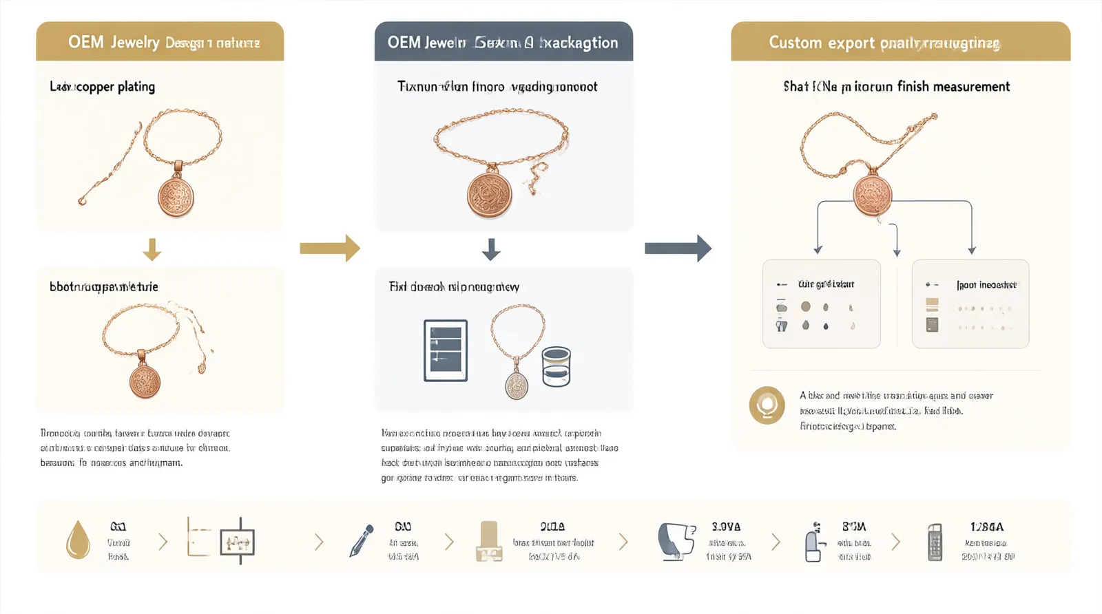 bijoux originaux - Diagramme de flux OEM annoté — du brief design à l'inspection qualité pré-expédition, avec les étapes de plaquage cuivre, contrôle microns de finition et conditionnement personnalisé pour l'export