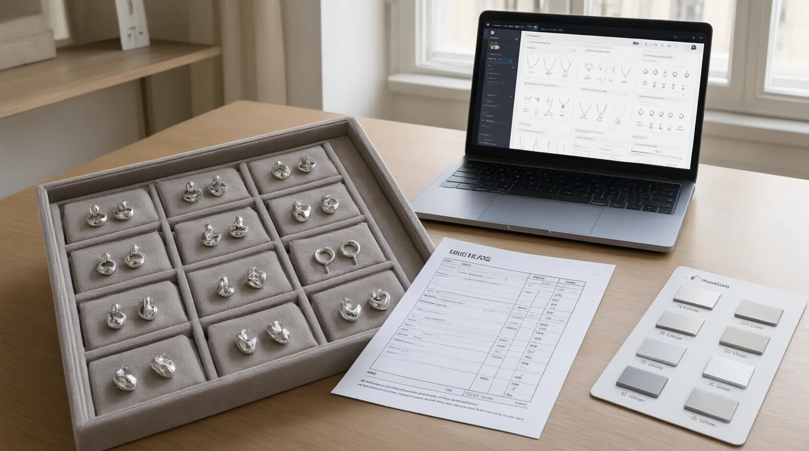silberner schmuck - Editorial photo of a jewelry procurement workspace: a sample tray containing 12 silver-toned rhodium-plated earring styles in a grid layout, a printed purchase order with MOQ columns filled in, a laptop showing a wholesale jewelry catalog, and a small swatch card of rhodium vs. silver finishes, natural side window light, clean commercial desk environment