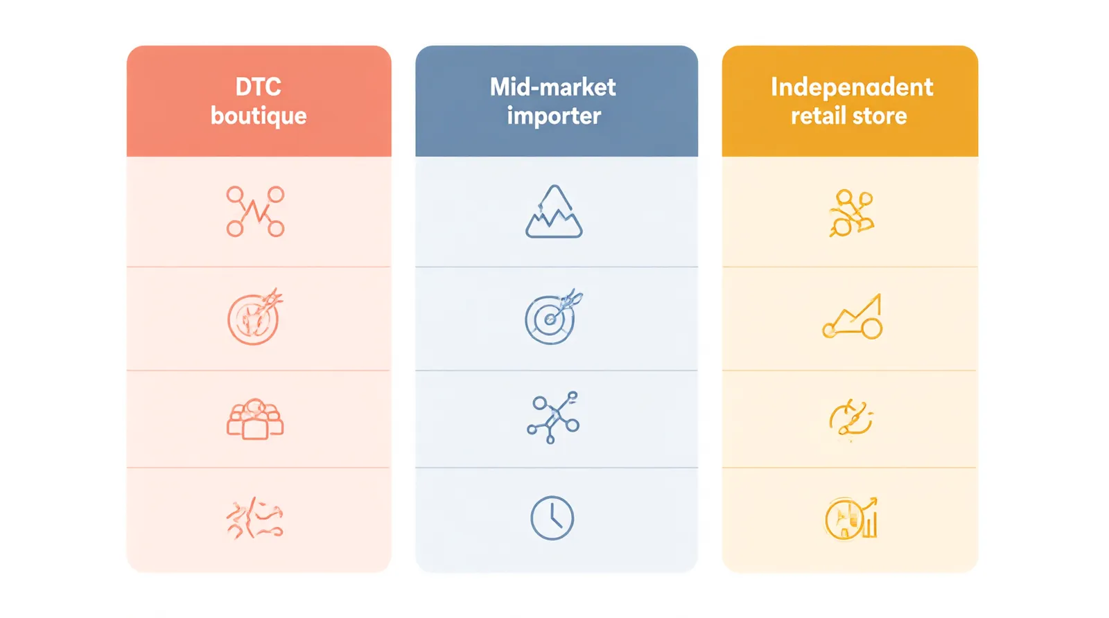 bijoux originaux - Tableau comparatif annoté — MOQ, délai de réassort, marge brute estimée et taux de retour pour trois profils types d'acheteurs cross-border bijoux originaux : boutique DTC, importateur mid-market, revendeur boutique physique