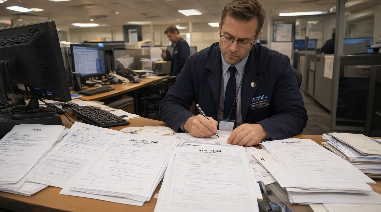 china trade war - Photorealistic editorial photo of a U.S. importer at a customs broker's office reviewing a packet of CBP compliance documentation, with HTS classification worksheets and UFLPA supply chain trace forms visible on the desk