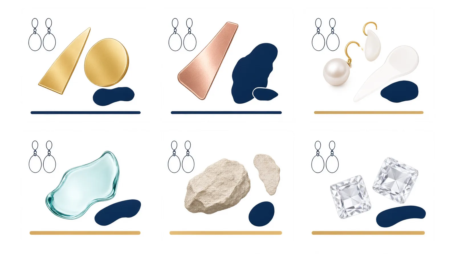 bisutería pendientes - Diagrama informativo con fondo blanco: seis bloques en cuadrícula de dos filas —cobre chapado en oro, rodio sobre cobre, perla faux, vidrio artesanal, piedra natural, circonita— cada bloque con icono simple de la pieza, nombre del material y una línea de descripción de uso, paleta en azul marino y dorado, diseño plano corporativo sin tipografía decorativa