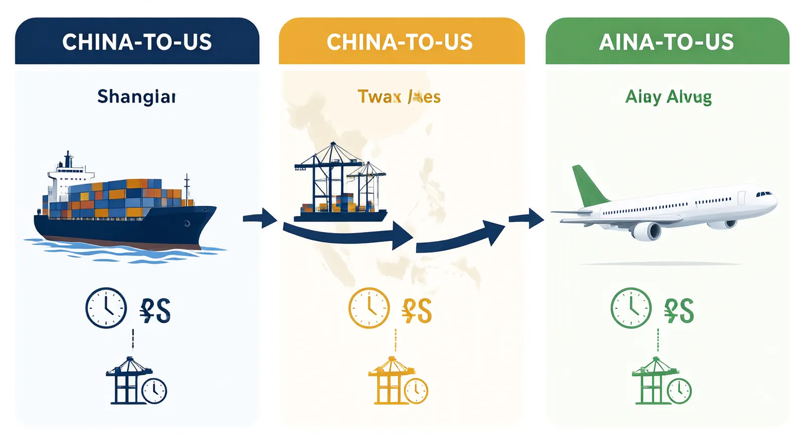 中国贸易关口 - 信息图对比三条常见的中国至美国进口路线——上海/深圳直发海运、经越南（胡志明市）中转，以及高价值小包裹空运——并标注大致运输时效与每TEU成本区间