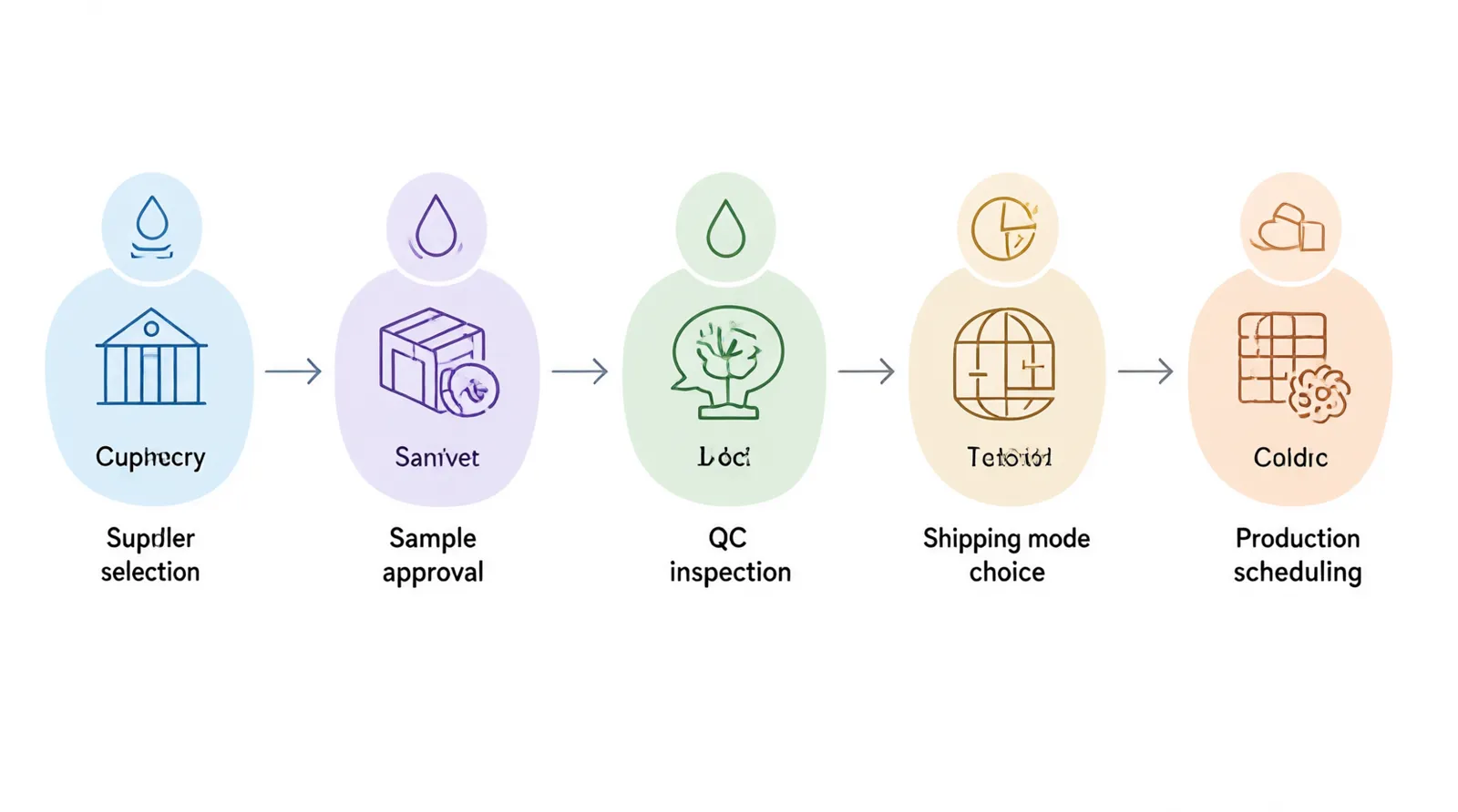 custom jewelry - Annotated diagram showing an OEM sourcing workflow from Hangzhou supplier to DTC store — callouts for sample approval, in-house QC inspection, shipping mode selection (air/sea/express), MOQ, and production lead time stages