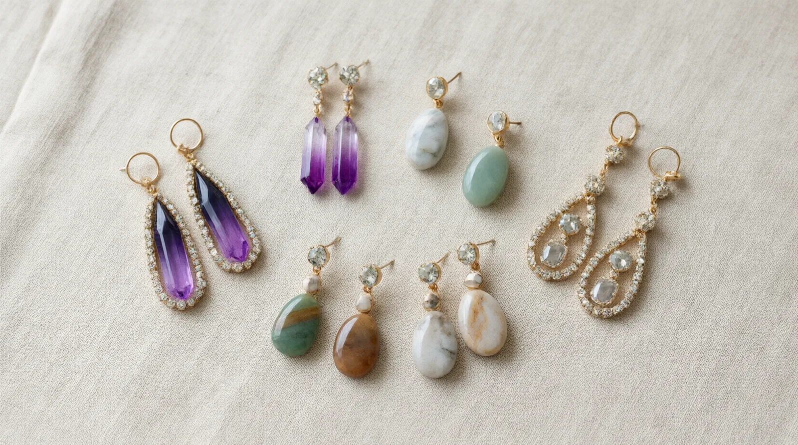custom jewelry - Editorial flat-lay of drop earrings in gradient crystal, rhinestone, and natural stone finishes arranged on a neutral linen surface — representing a DTC store's sourced jewelry catalog ready for product photography