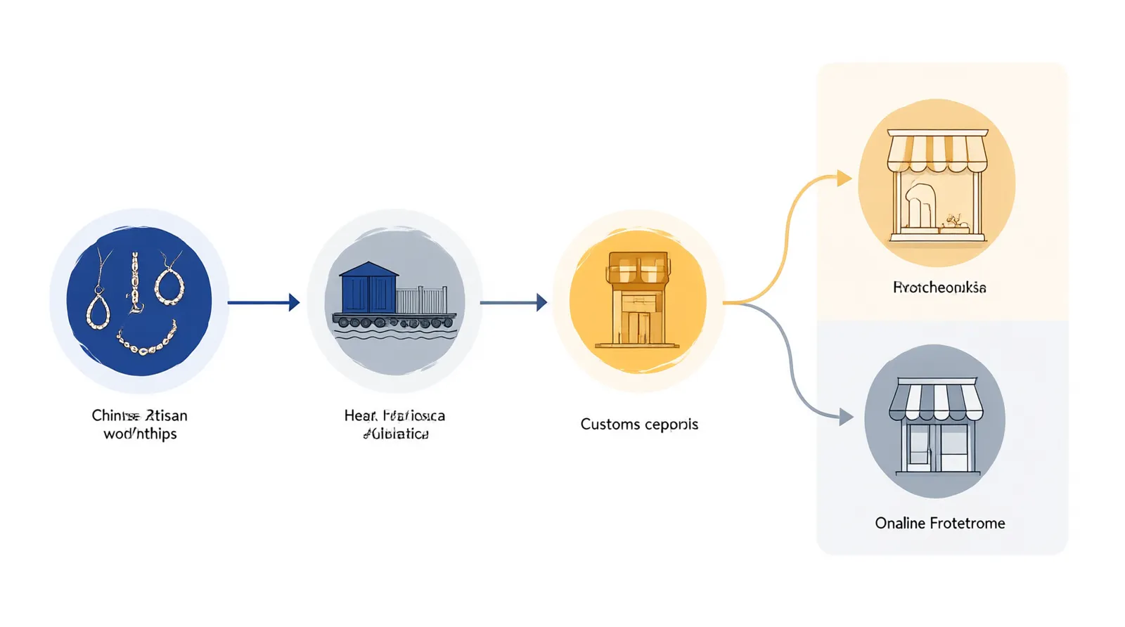 bijoux mode - Diagramme informationnel illustrant la chaîne d'approvisionnement des bijoux mode depuis les ateliers chinois jusqu'aux points de vente physiques et en ligne en France, incluant les étapes logistiques et douanières