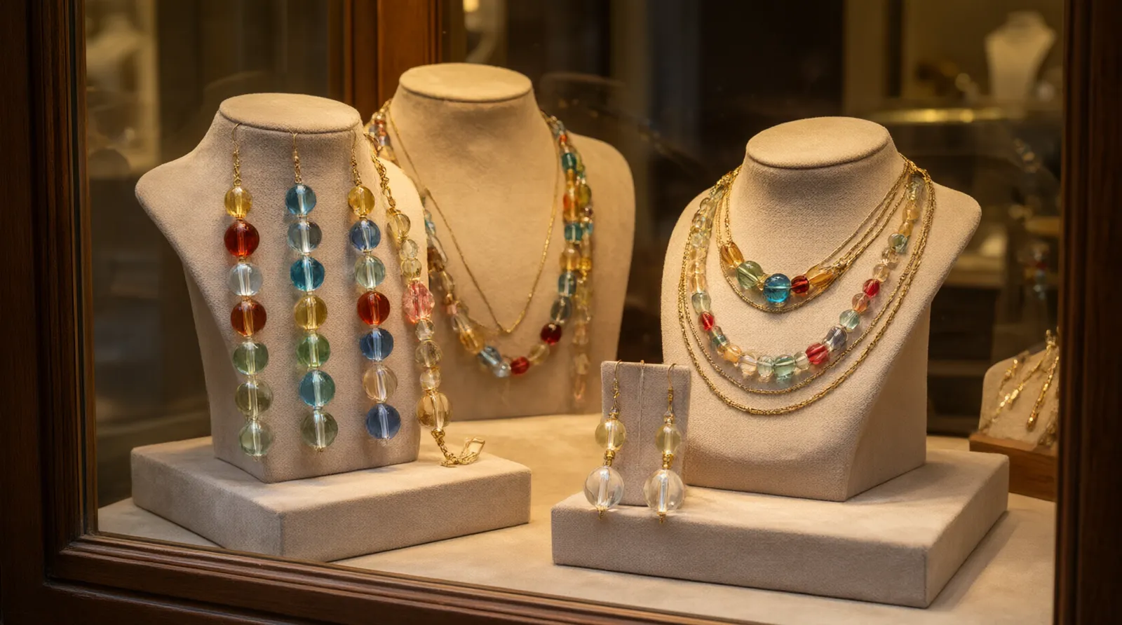 bijoux mode - Photo éditoriale montrant un étalage soigné de boucles d'oreilles pendantes et de colliers en perles de verre bicolores dans une boutique parisienne, mettant en valeur l'éclairage et la présentation visuelle