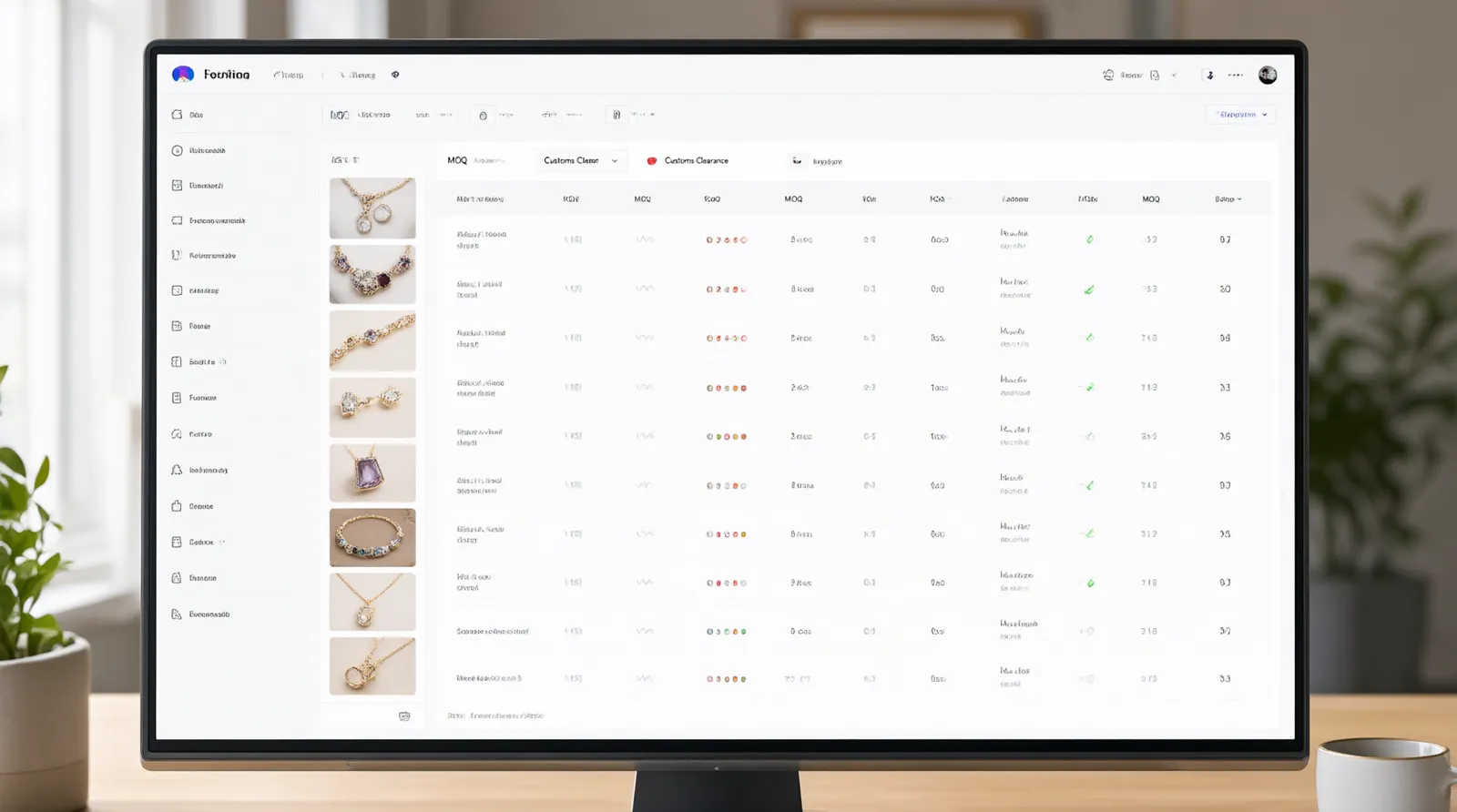 bijoux mode - Maquette d'interface utilisateur annotée montrant un tableau de bord de gestion des commandes B2B, avec des colonnes pour le suivi du MOQ, le statut douanier et les options de livraison vers la France