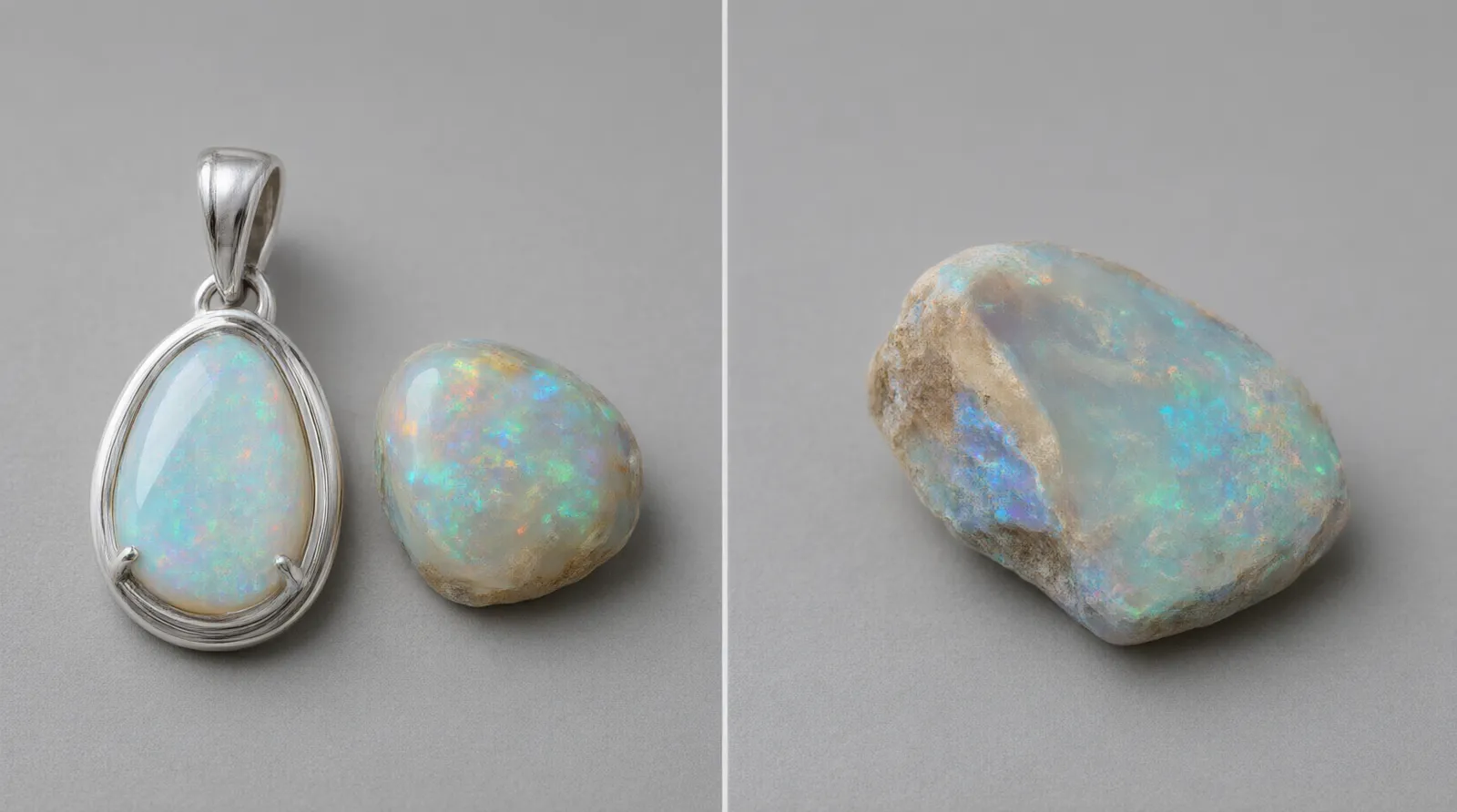 schmuck edelsteine - Stilaufnahme eines rhodinierten 925-Silber-Anhängers mit synthetischem Opal neben einem echten Opalstein – direkter Materialvergleich mit Größenangabe und Beleuchtungskontrast
