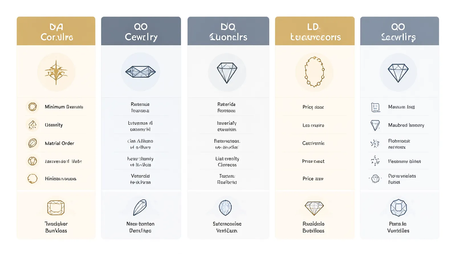 schmuck edelsteine - Infografik-Vergleichstabelle der sieben Alternativen als visueller Überblick – Symbole für MOQ, Material, Custom-Option, Preislage und Zielgruppe nebeneinander gestellt