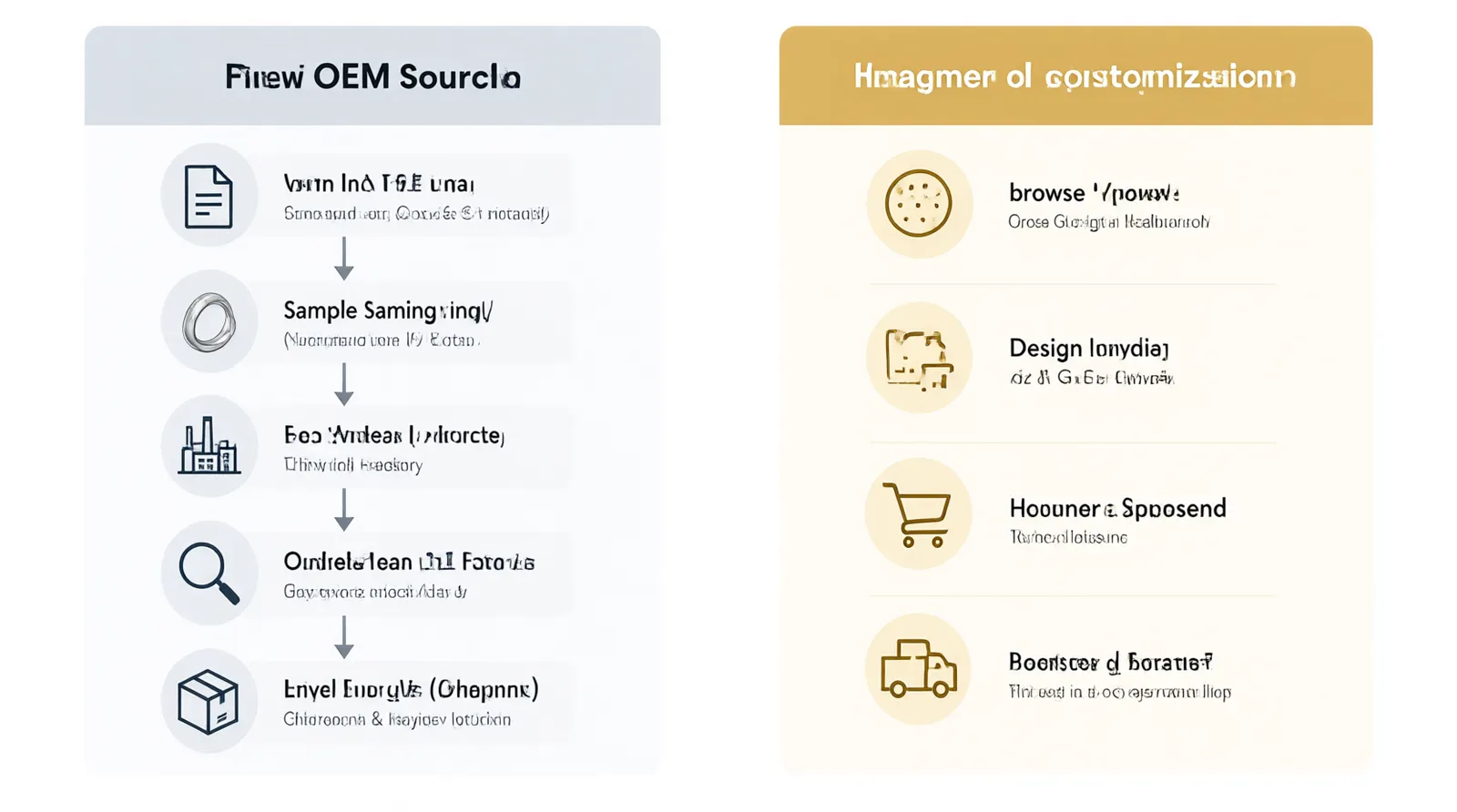 custom jewelry - Annotated diagram showing two procurement flow paths side by side: (left) OEM path with steps — brief → sample approval → production → QC → shipment, with MOQ and trade term labels; (right) consumer retail path — browse → customize → checkout → delivery, illustrating why the two flows serve different buyer types