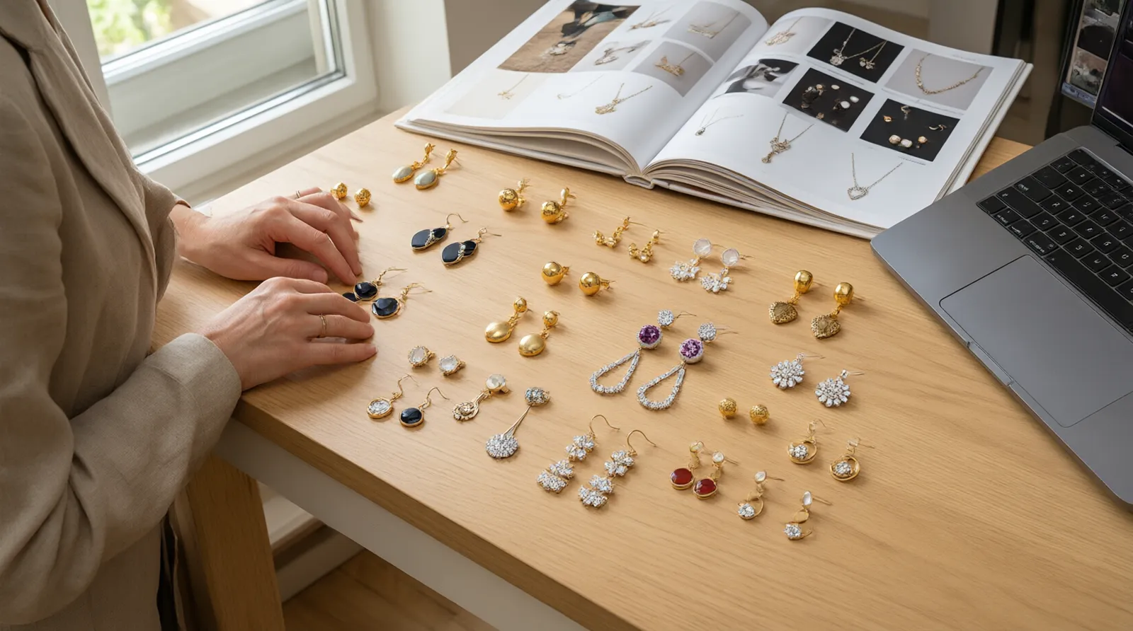 custom jewelry - Editorial photo of a buyer reviewing a spread of fashion earring samples — drop earrings, studs, and crystal sets — alongside a laptop and catalog printout at a workspace, representing the B2B sourcing evaluation context rather than a consumer shopping moment