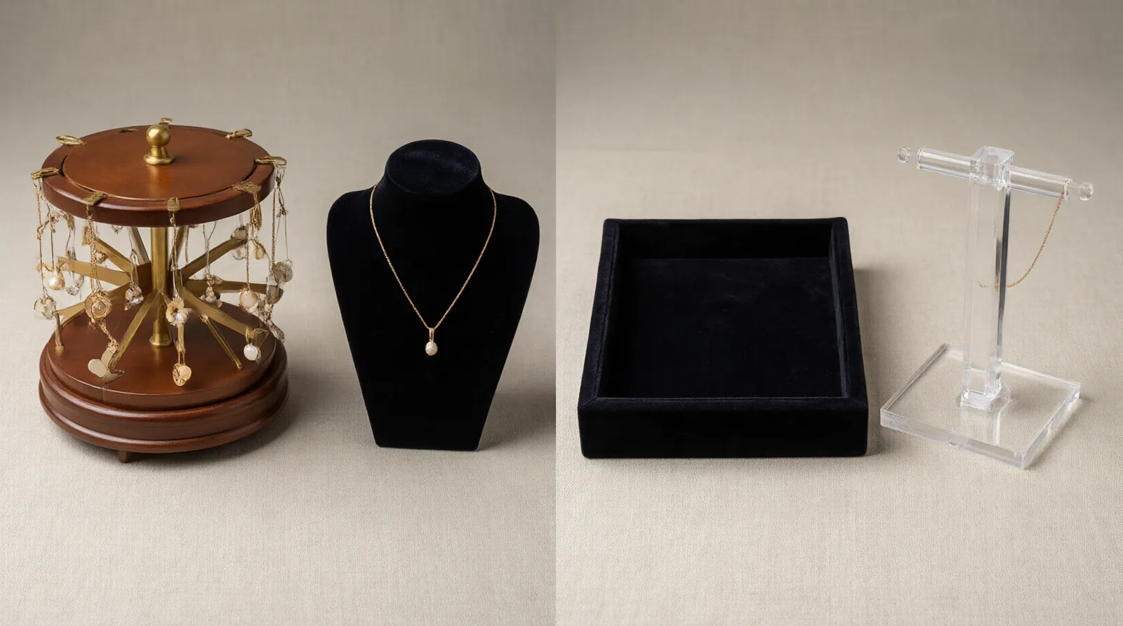 présentoir bijoux grossiste - Comparaison côte à côte de plusieurs types de présentoirs à bijoux grossiste — manège rotatif, buste, plateau velours et support acrylique — sur fond neutre, avec étiquettes de matière et de format