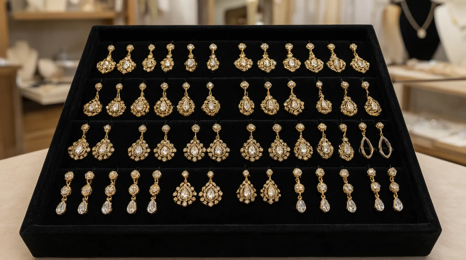 présentoir bijoux grossiste - Plateau de présentation avec des boucles d'oreilles pendantes en cristal vintage dorées disposées sur un présentoir en velours noir, avec étiquettes de prix et fond de boutique flou — style éditorial pro