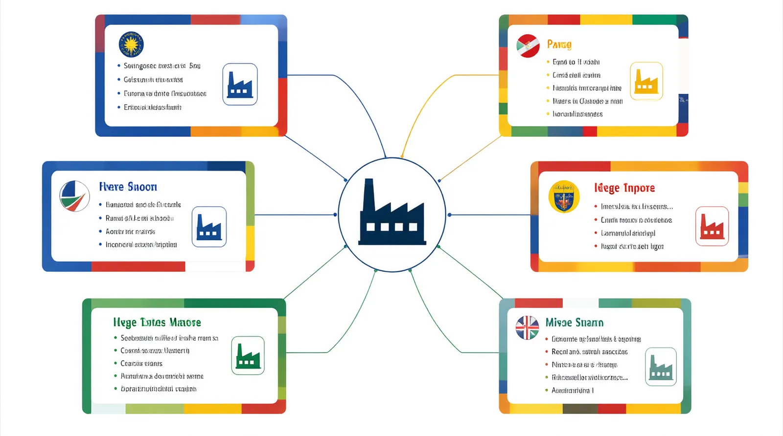 wholesale apparel catalogs - Diagram showing one Chinese factory's product catalog distributed as six separate localized catalog pages — English, Arabic (RTL), German, Spanish, French, Portuguese — each with market-specific SEO metadata and buyer inquiry forms