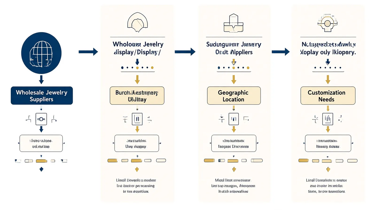 présentoir bijoux grossiste - Diagramme de décision visuel pour choisir entre fournisseurs de présentoirs bijoux — avec branches selon critères : volume de commande, budget, localisation, besoin de personnalisation — format infographique professionnel