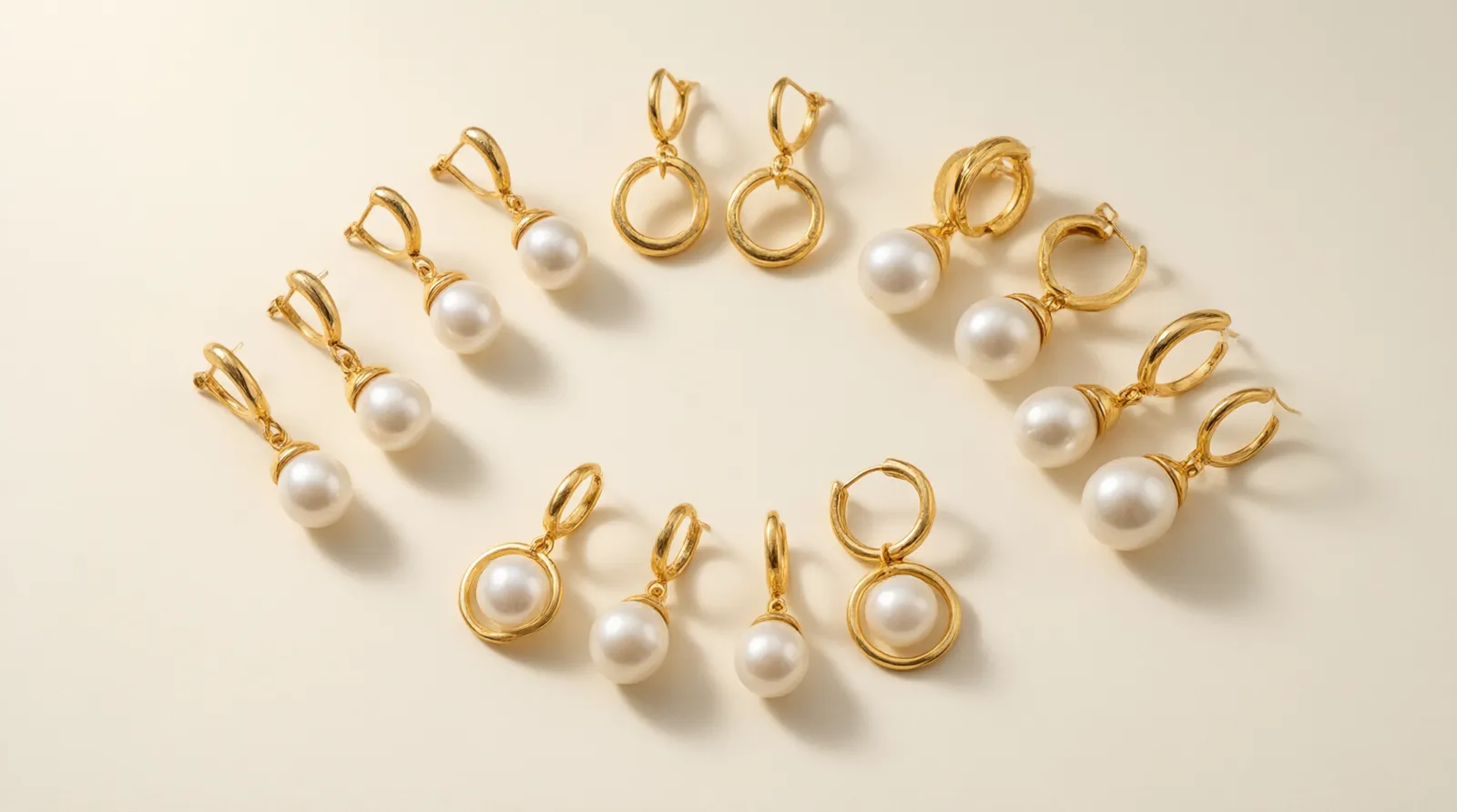 pendientes de oro con perlas - Photorealistic flat-lay of five pairs of gold and pearl earrings arranged in a semicircle on a matte ivory surface — studs, drop earrings and hoops, varying pearl sizes from 6mm to 12mm, warm studio lighting from the upper left, macro detail on pearl luster and gold plating texture
