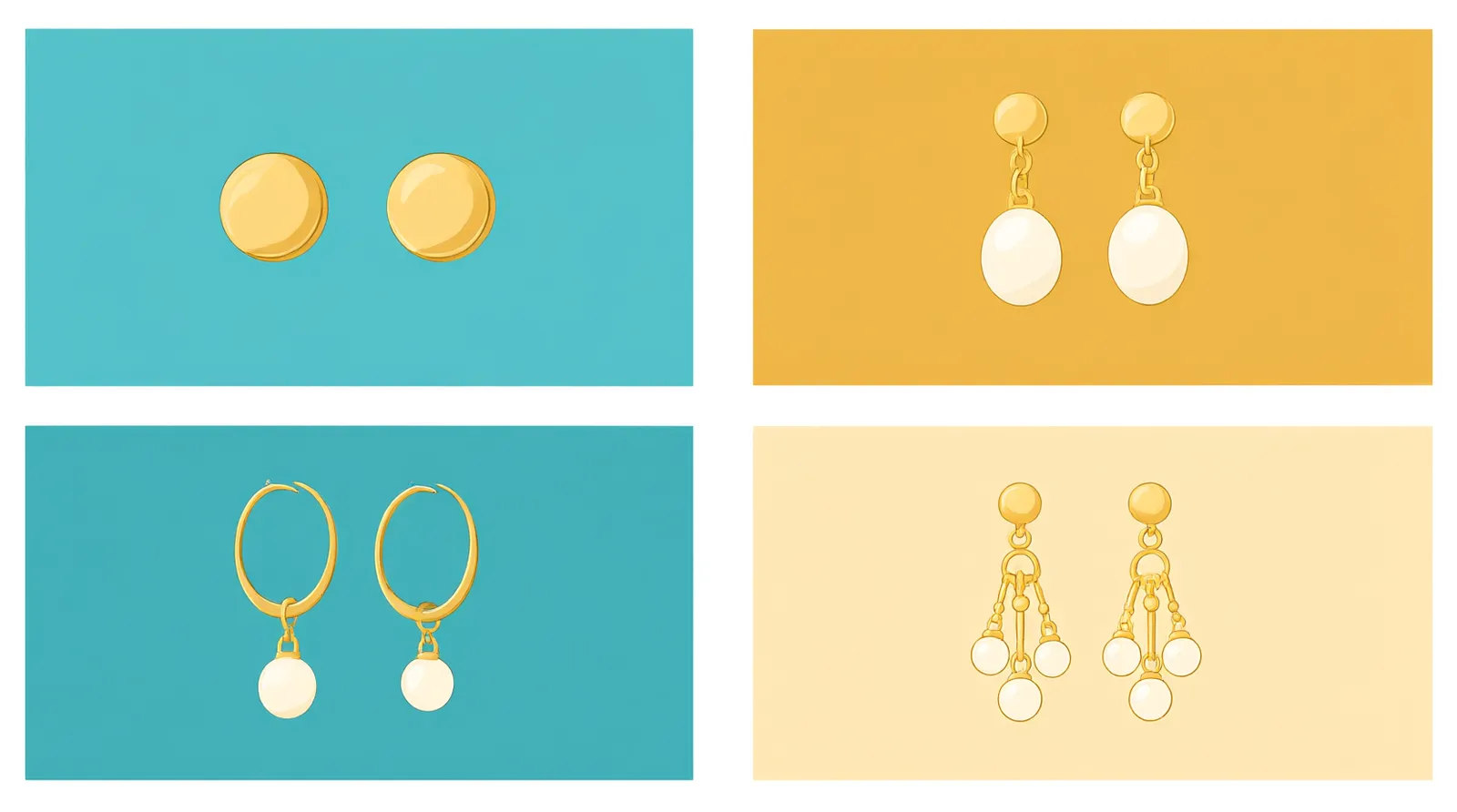 pendientes de oro con perlas - Informational flat-design diagram showing four categories of gold and pearl earrings — stud, drop, hoop with pearl pendant, and chandelier — each with a clean silhouette illustration, labeled in Spanish, teal and gold color zones on white background, no decorative elements
