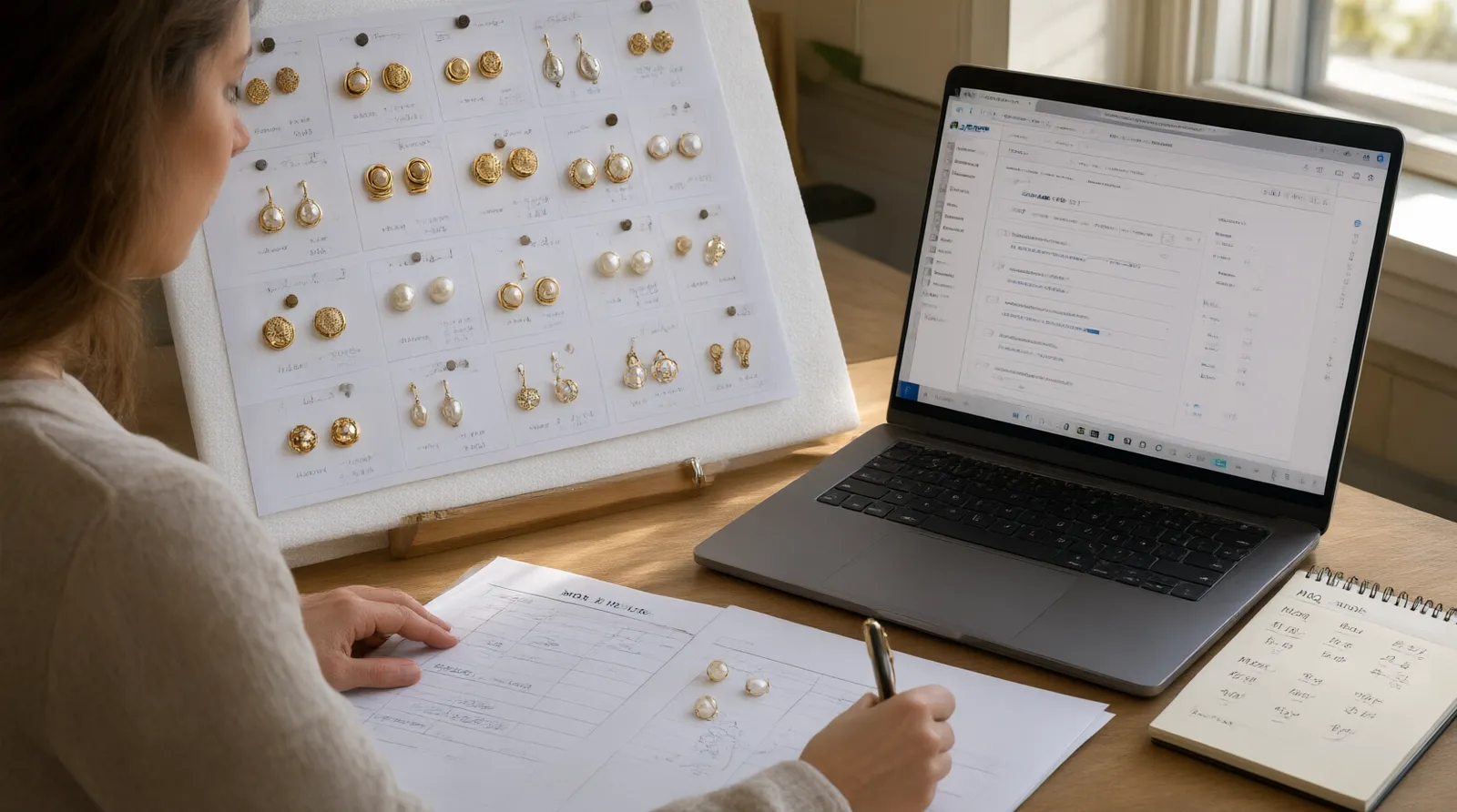 pendientes de oro con perlas - Editorial photo of a procurement buyer's desk: a printed catalog of gold and pearl earring samples arranged in a grid on white foam board, a laptop open to a supplier email thread, a notepad with handwritten MOQ and lead time notes, natural window light from the side, authentic working environment