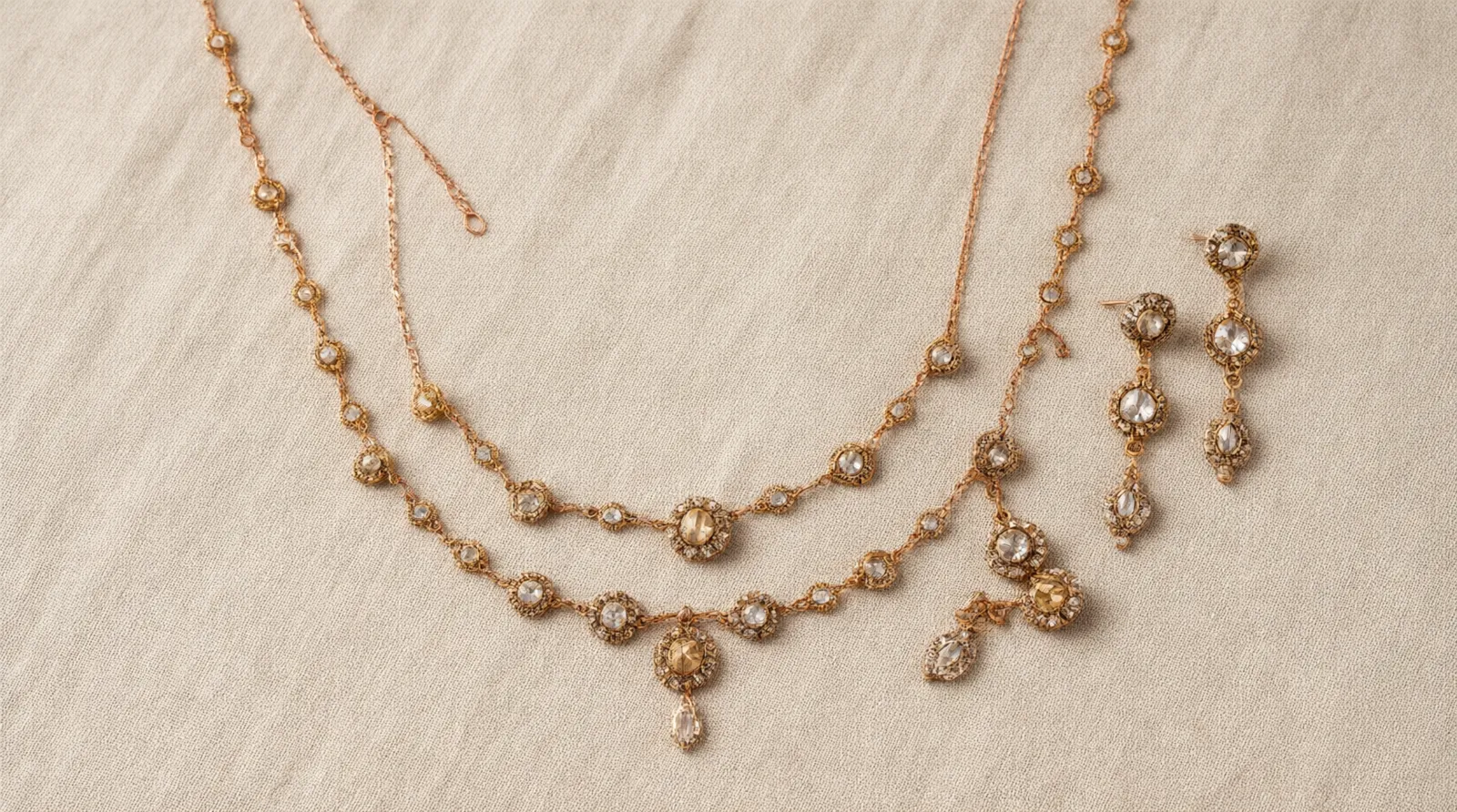 schmuck-set - Flatlay-Fotografie eines STRAND-Schmuck-Sets bestehend aus Halskette und passenden Ohrringen in goldplatiertem Kupfer mit Vintage-Kristall-Details auf neutralem Hintergrund