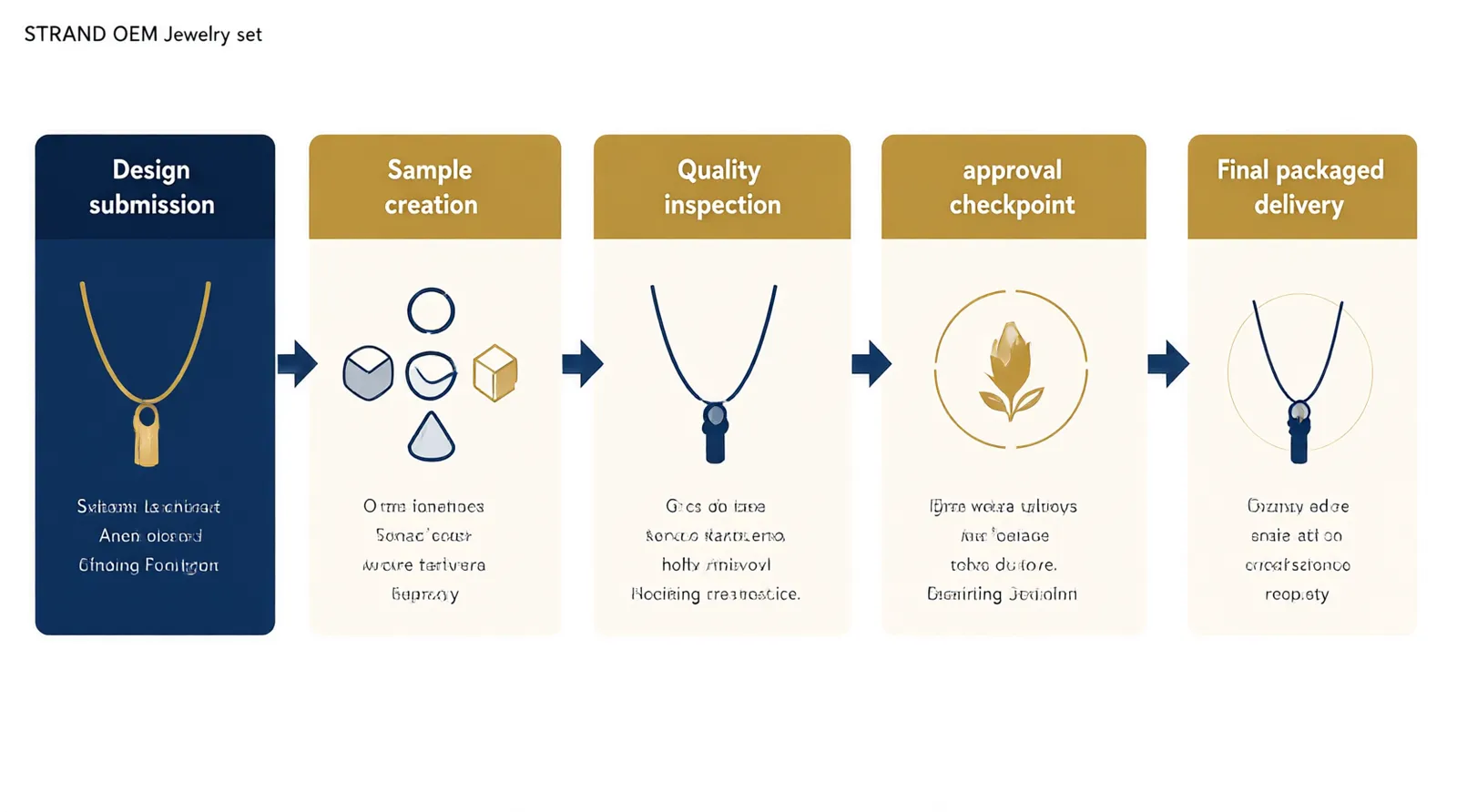 schmuck-set - Annotiertes Diagramm des OEM-Prozesses bei STRAND: von der Designeinreichung über Musterproduktion bis zur QC-geprüften Lieferung mit Kennzeichnung der wichtigsten Entscheidungspunkte