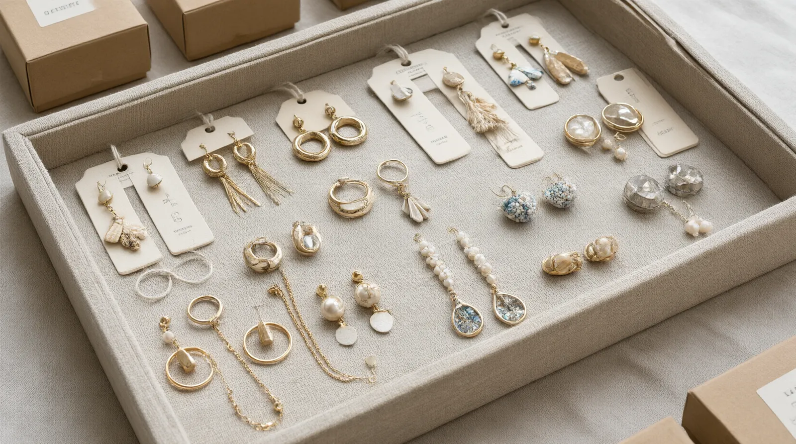 schmuck-set - Editorial-Foto einer kuratierten Auswahl von STRAND-Ohrringe-Sets auf einer Schmuckpräsentationsfläche, mit sichtbarer Verpackungslösung und Hangtags — für den B2B-Beschaffungskontext