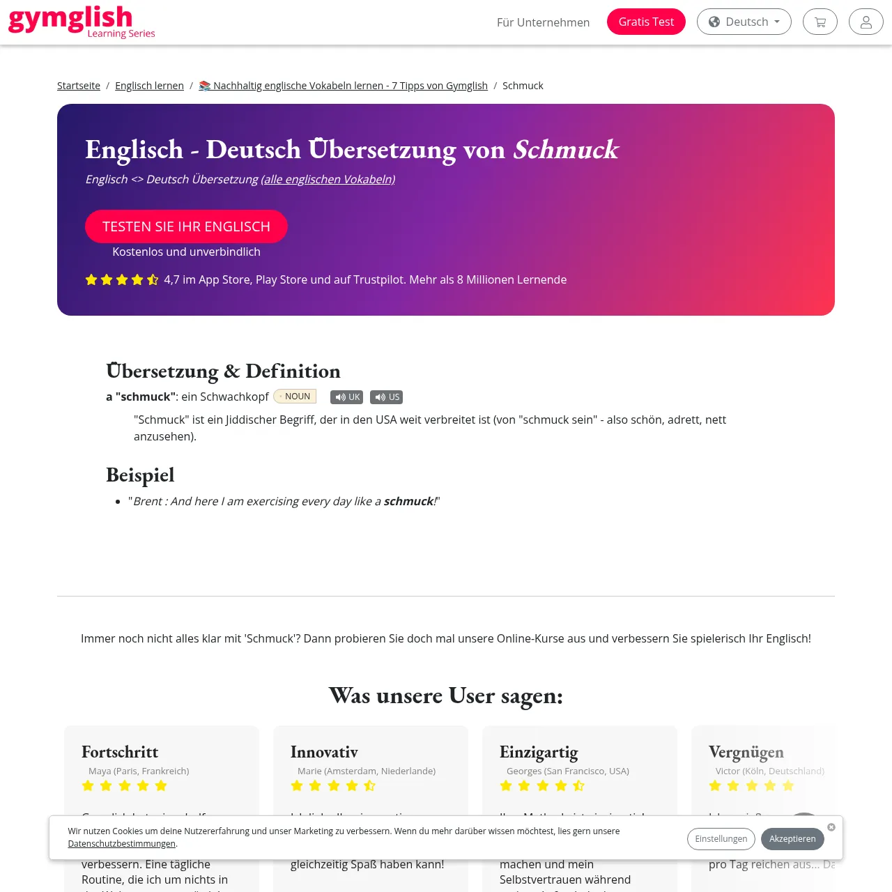 Gymglish – Übersetzungsseite für „schmuck deutsch"