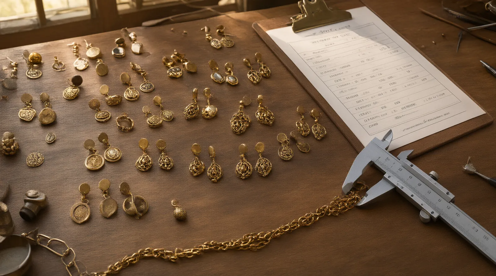 fashion jewelry supplier - Photorealistic overhead shot of a jewelry buyer's worktable — spread of brass and gold-plated earring samples, a clipboard with supplier evaluation checklist, caliper measuring a chain link, warm natural window light, authentic sourcing environment
