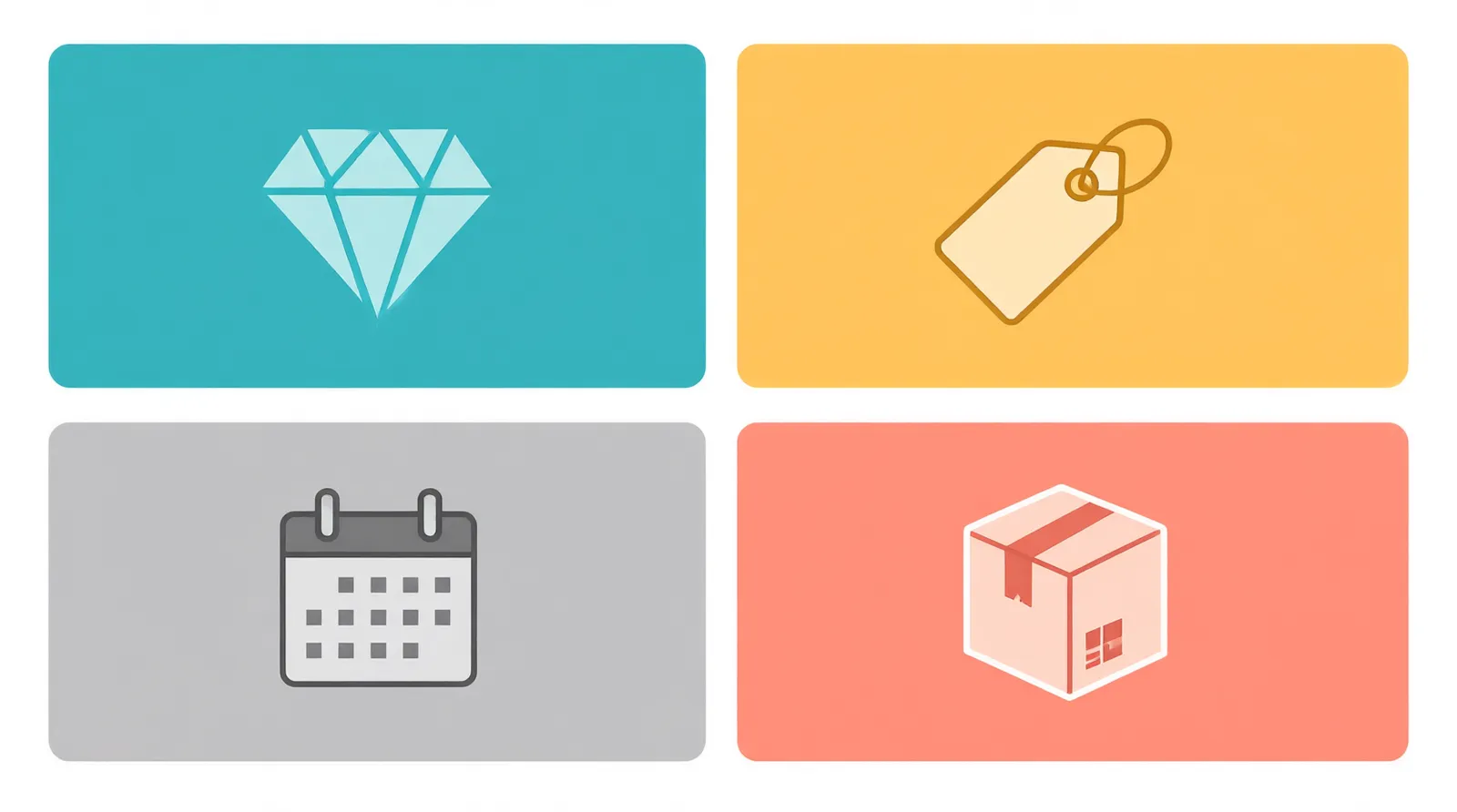 fashion jewelry supplier - Clean flat-design infographic showing four evaluation pillars for a fashion jewelry supplier — Materials & Plating, MOQ & Pricing, Lead Times, and Shipping Compliance — arranged as a 2x2 grid with distinct teal, amber, slate, and coral color zones, simple line icons per category, white background