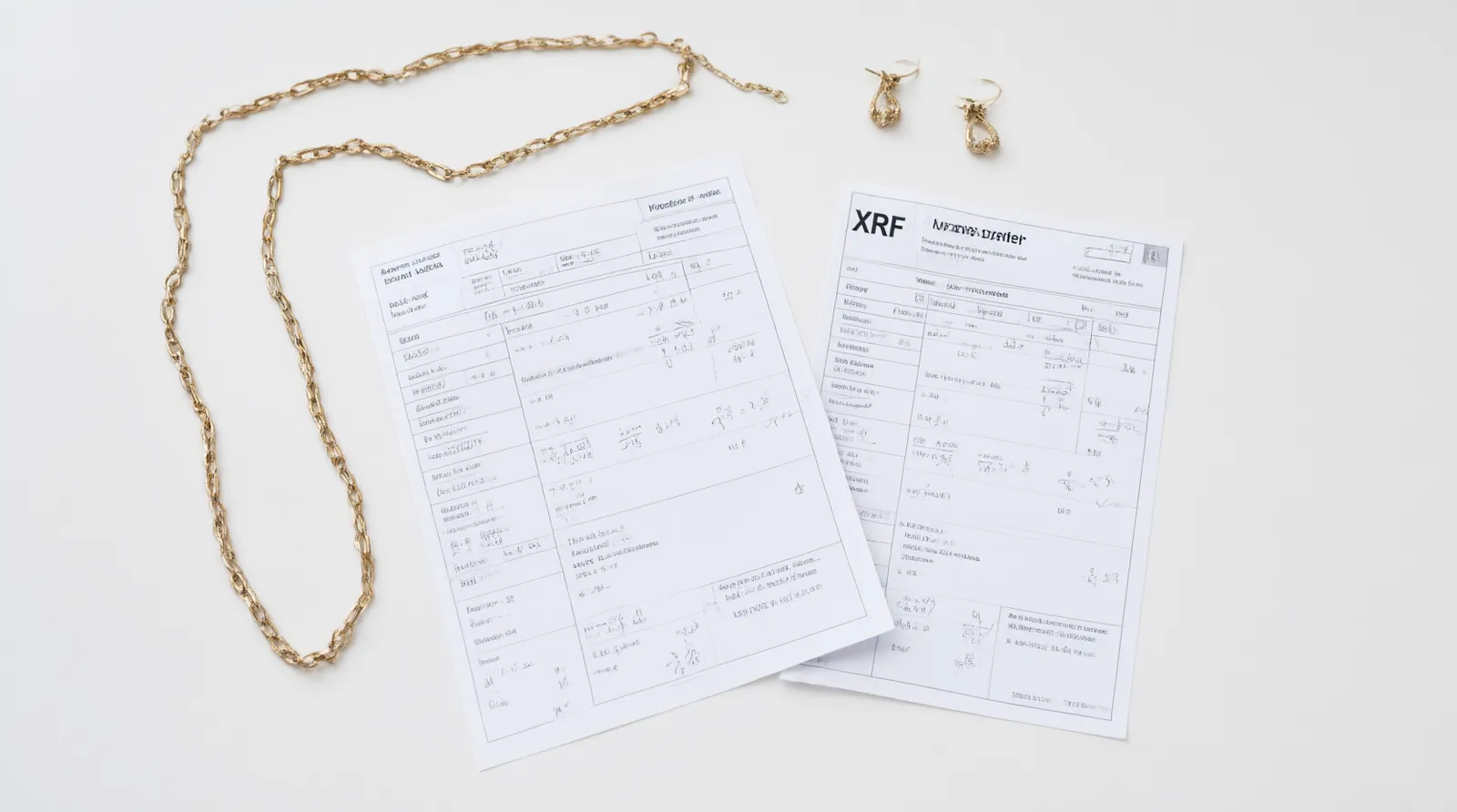 fashion jewelry supplier - Editorial photo — top-down flat lay of a polished brass chain necklace, a supplier spec sheet with plating micron notations, a small XRF test report printout, and a sample earring pair against a clean white surface, natural diffused light, authentic product-sourcing context