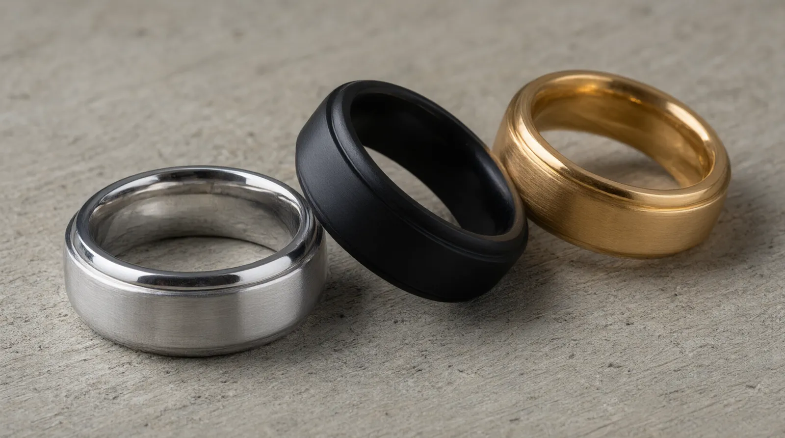 affordable tungsten rings - Photorealistic close-up product shot of three tungsten rings arranged on a neutral brushed concrete surface — one polished silver, one matte black, one warm gold-tone — each showing its distinct surface texture and edge profile clearly; soft directional studio lighting from the left, shallow depth of field, no text or labels, no decorative elements
