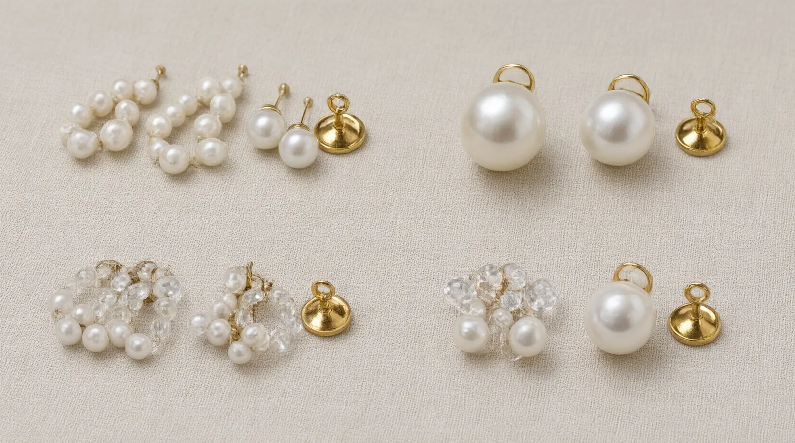 pendientes de oro y perlas - Comparativa fotorrealista de cuatro pares de pendientes de perlas —cultivadas de agua dulce, Akoya, imitación en cristal y perla sintética— junto a su montura de oro, mostrando diferencias de lustre y tamaño