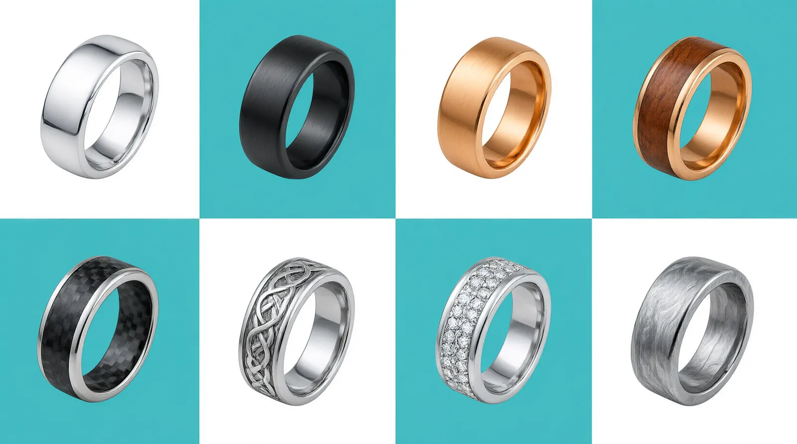 affordable tungsten rings - Clean flat-design infographic showing eight tungsten ring style categories arranged in a 4x2 grid — polished silver band, brushed black band, warm gold-tone band, wood inlay band, carbon fiber inlay band, Celtic engraved band, CZ diamond-set band, and mokume-gane surface band — each labeled below with the style name in a simple sans-serif font, teal accent color on labels, white background, no decorative gradients or icons