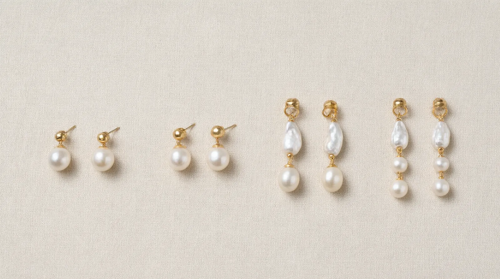 pendientes de oro y perlas - Diagrama informativo que compara cuatro pares de pendientes de perlas representando cada rango de precio, con etiquetas que indican el tipo de perla, metal y acabado de cada uno