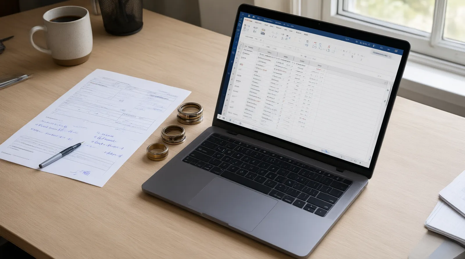affordable tungsten rings - Editorial photo of a procurement professional's workspace: a light wood desk with an open laptop showing a supplier comparison spreadsheet, three tungsten ring samples arranged to the right of the keyboard, a printed specification sheet with handwritten annotations in pen, and a coffee mug in the upper left corner; natural window light from the right, authentic working environment, documentary photography style