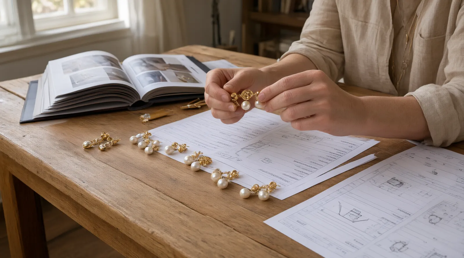 pendientes de oro y perlas - Foto editorial de un comprador B2B revisando muestras de pendientes de oro y perlas sobre una mesa de trabajo, con fichas técnicas y catálogos al lado, representando el proceso de selección y verificación de proveedor