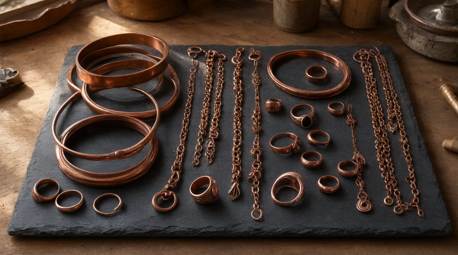 bijoux en cuivre - Assortiment de bijoux en cuivre — bracelets, bagues et chaînes pendantes — présentés sur un plateau en ardoise dans une boutique artisanale française, lumière naturelle