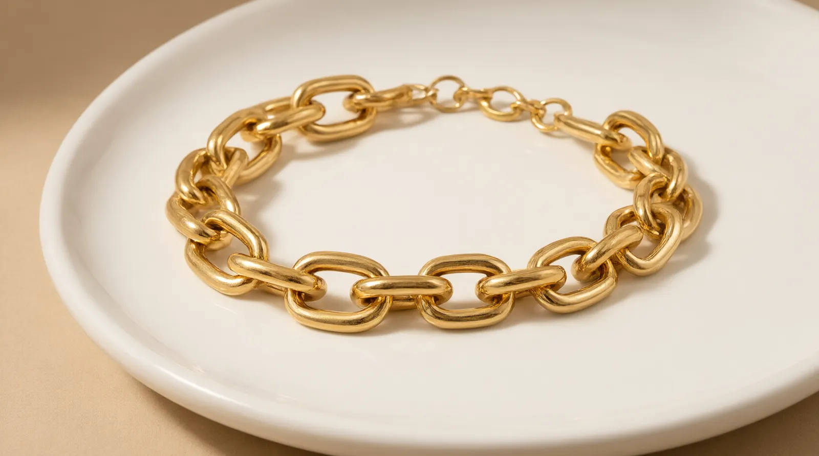 14k gold pvd - Photorealistic close-up of a gold-finished chain bracelet on a flat white ceramic surface, warm neutral studio light from the upper left, showing the smooth reflective surface texture of a PVD-coated piece, documentary product photography style, no text overlays