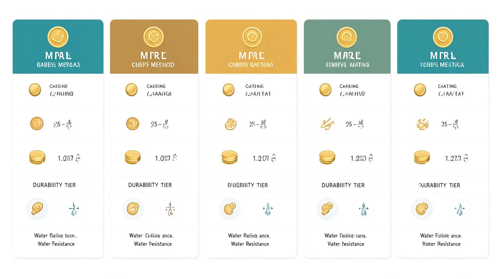 14k gold pvd - Clean flat-design infographic comparing five gold types in a horizontal comparison table — gold plated, vermeil, gold filled, 14k gold PVD, and solid gold — each column showing base metal, coating method, durability rating, and water resistance with simple icons and a teal/gold/white color scheme, white background, no photography