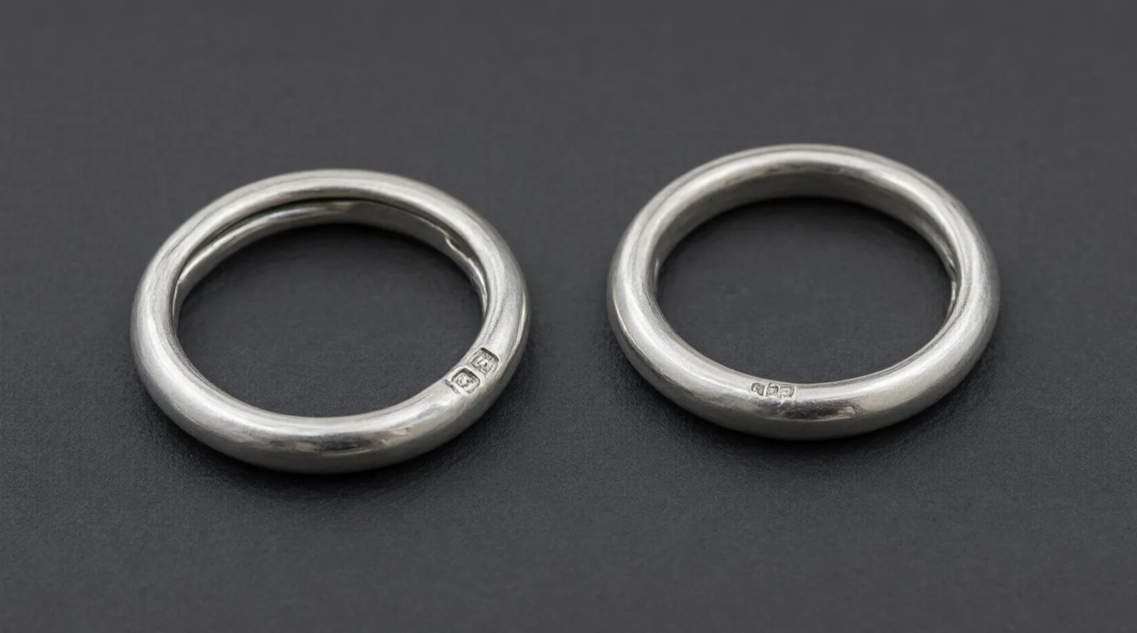 925 sterling silver - صورة تفصيلية لأقراط دائرية مصنوعة من الفضة الإسترليني 925 تُظهر ختم "925" المنقوش بوضوح على الجزء الداخلي، تحت إضاءة احترافية بخلفية رمادية داكنة