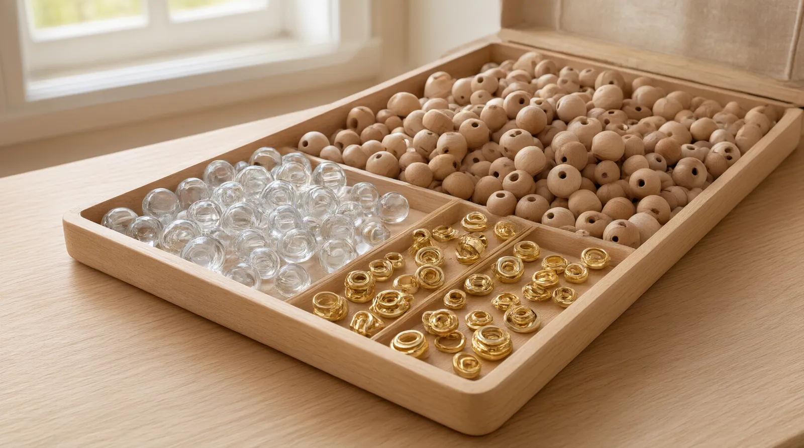 baumperlen schmuck - Fotorealistische Detailaufnahme eines Sortiertabletts mit verschiedenen runden Glasperlen-Ohrringen, natürlichen Holzperlen und vergoldeten Fassungen auf einem hellen Holztisch, zur Veranschaulichung der Materialvielfalt für Einkäufer
